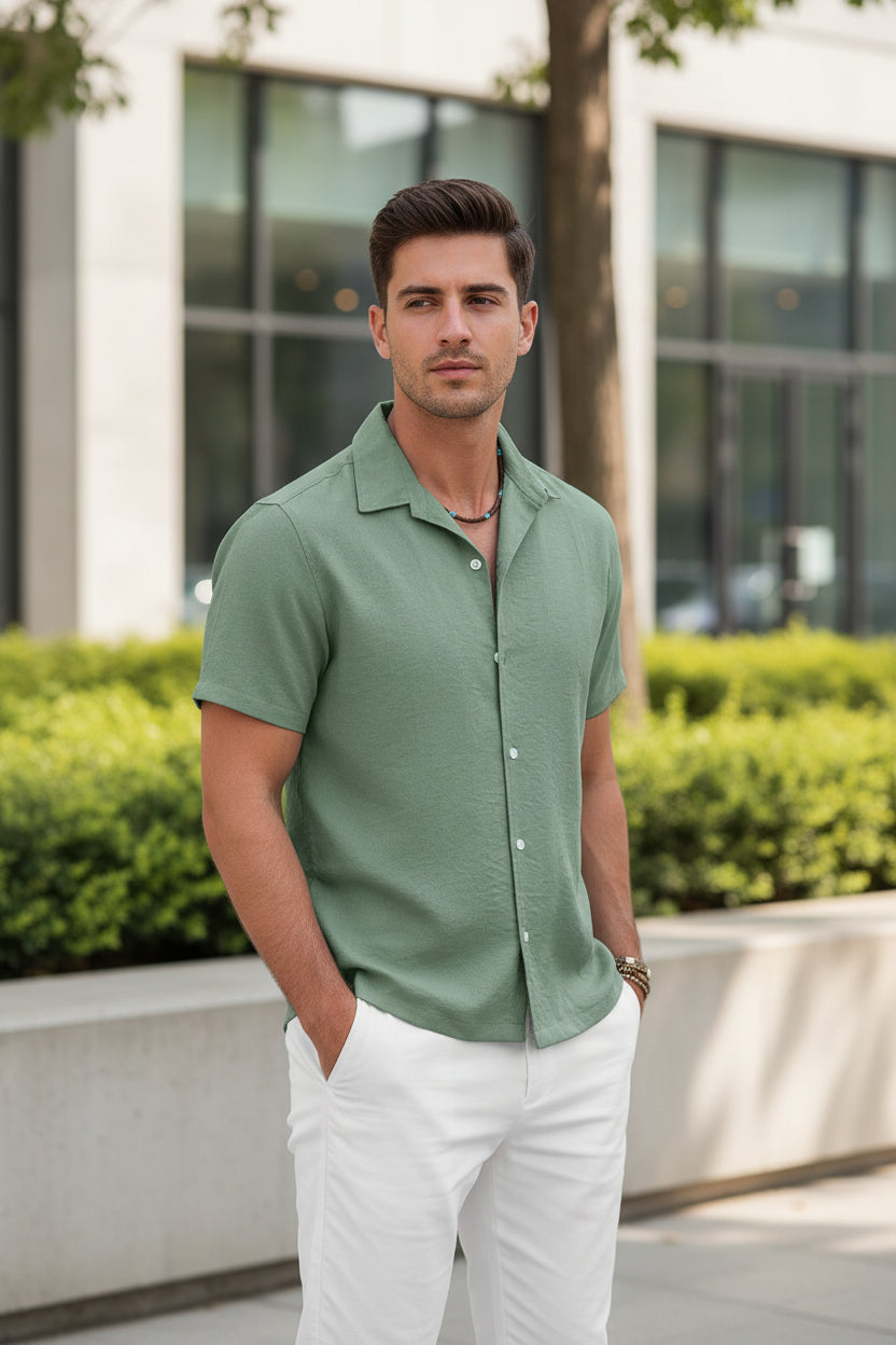 Elevate Your Style with Our Versatile Cotton=Linen Short Sleeved Shirt