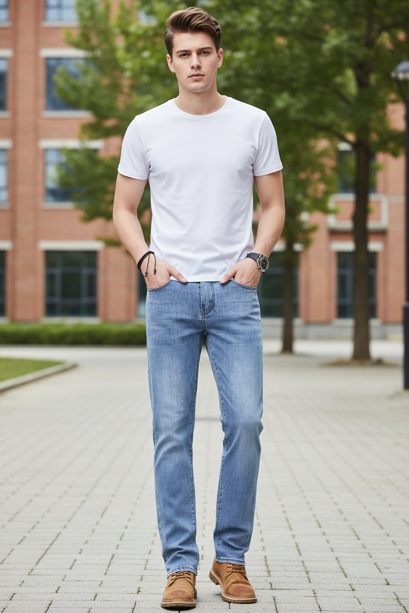 Stack of blue jeans with a brand tag and a person wearing jeans in the background.