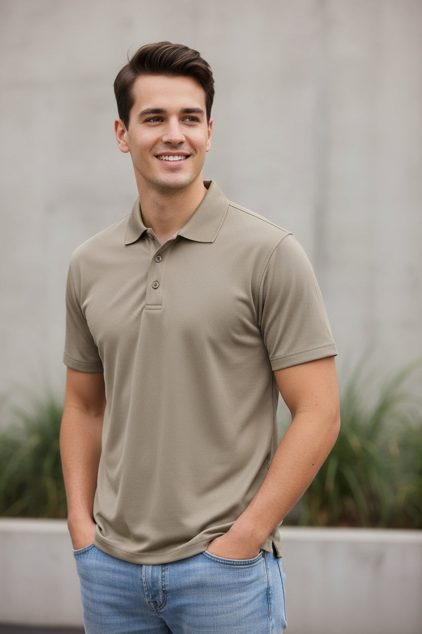Tan polo shirt on a white background
