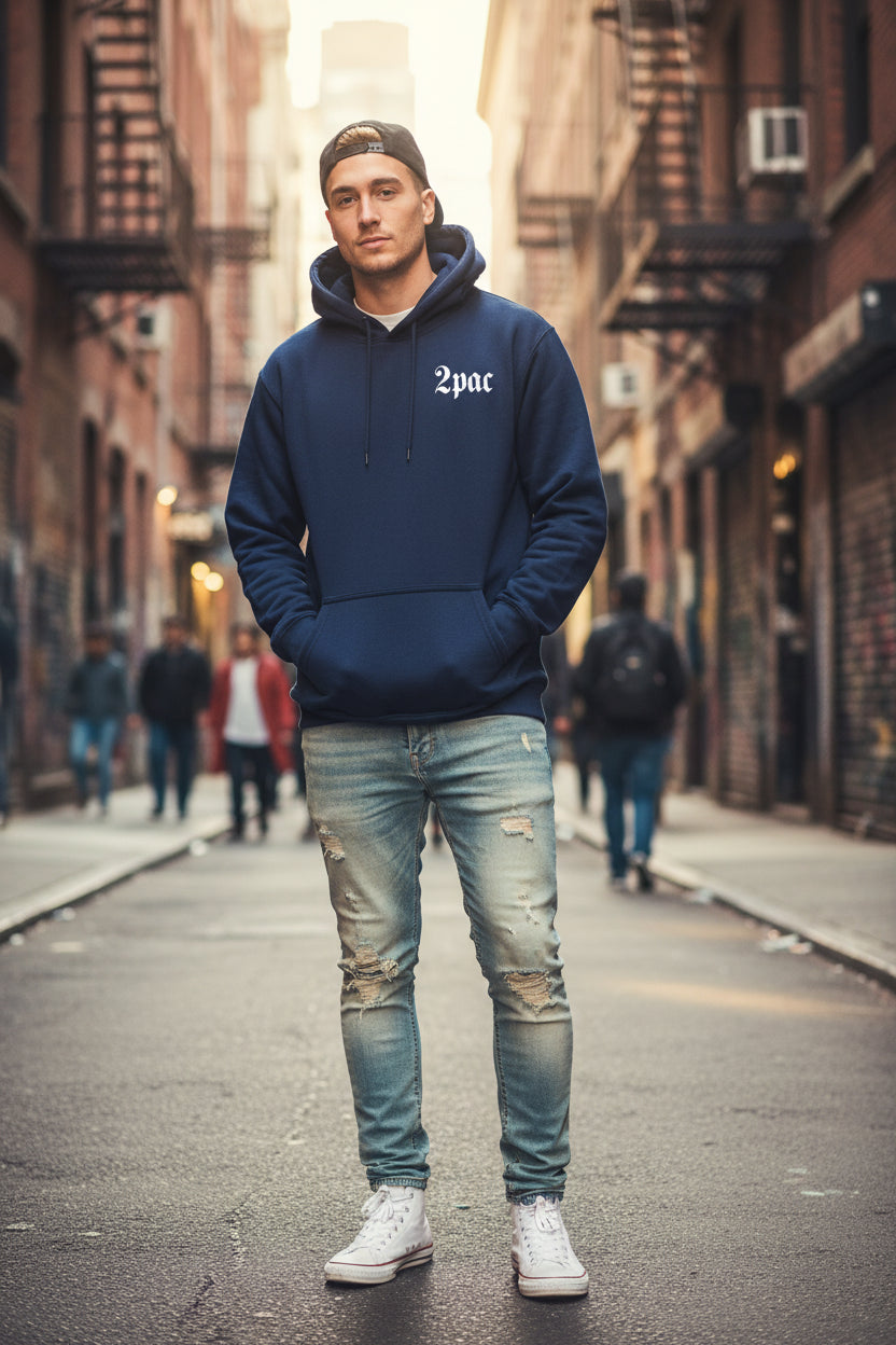 Navy blue hoodie with '2Pac' text on front and back featuring a graphic of a person and text.
