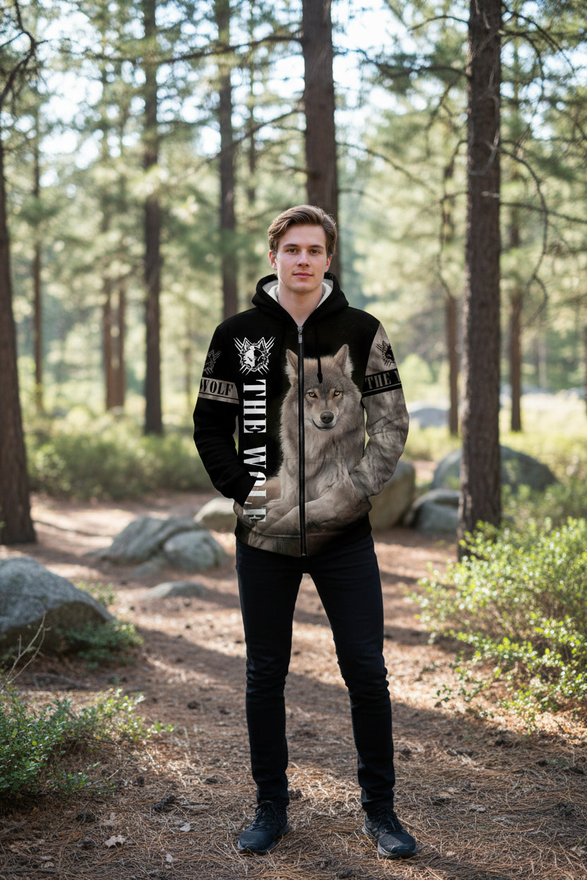 Hoodie with a wolf design and 'The Wolf' text on a white background
