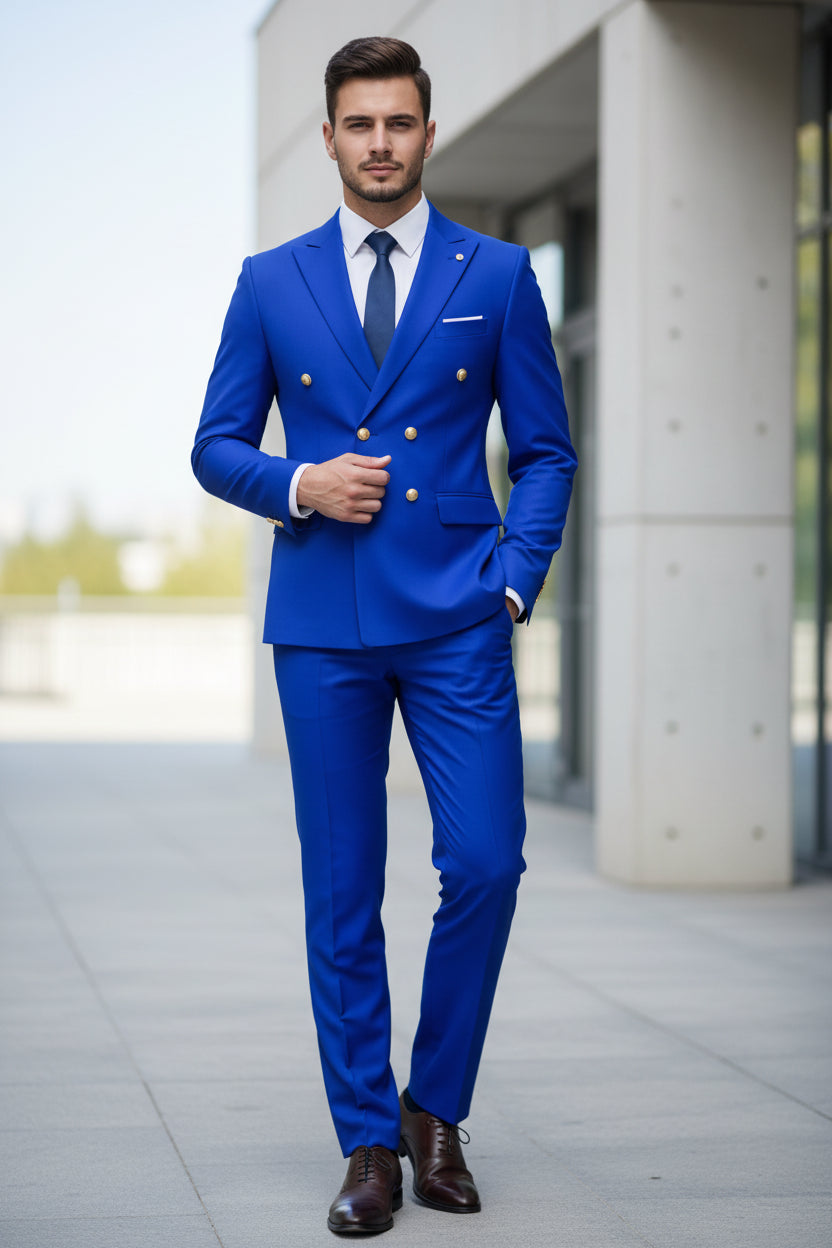 Blue suit with gold buttons on a white background