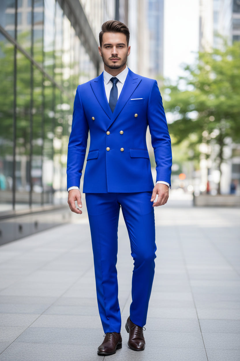 Blue suit with gold buttons on a white background