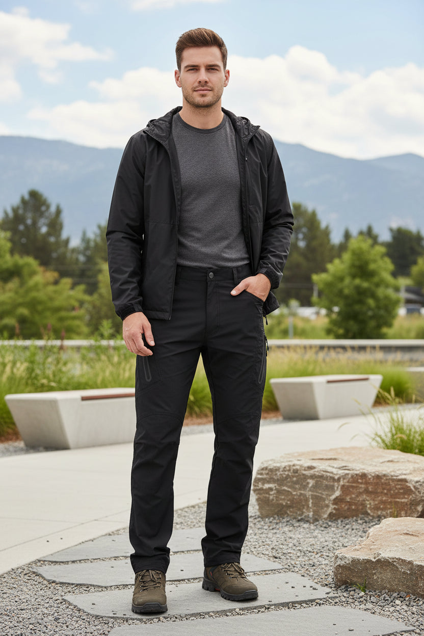 Person wearing black pants on a white background