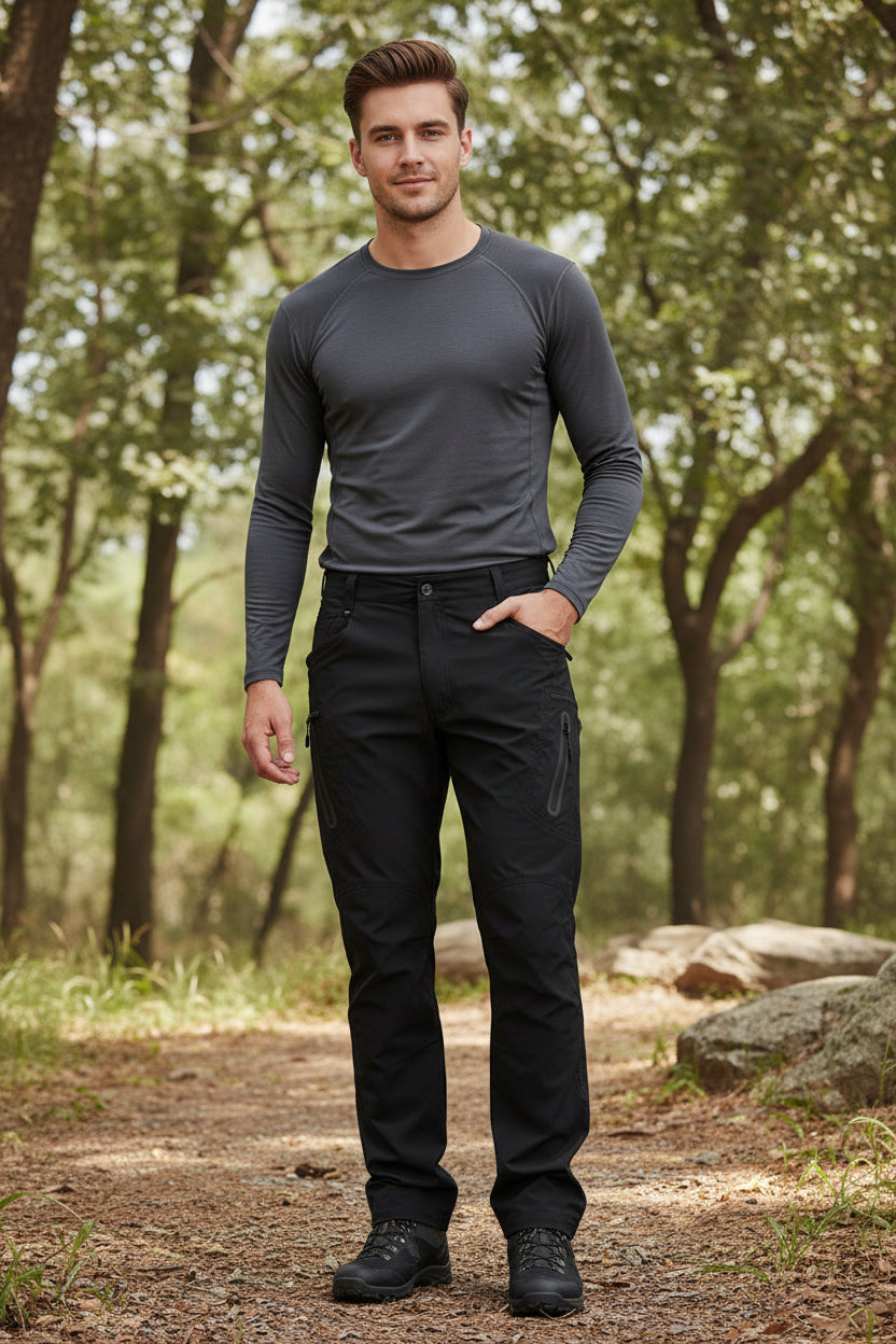 Person wearing black pants on a white background