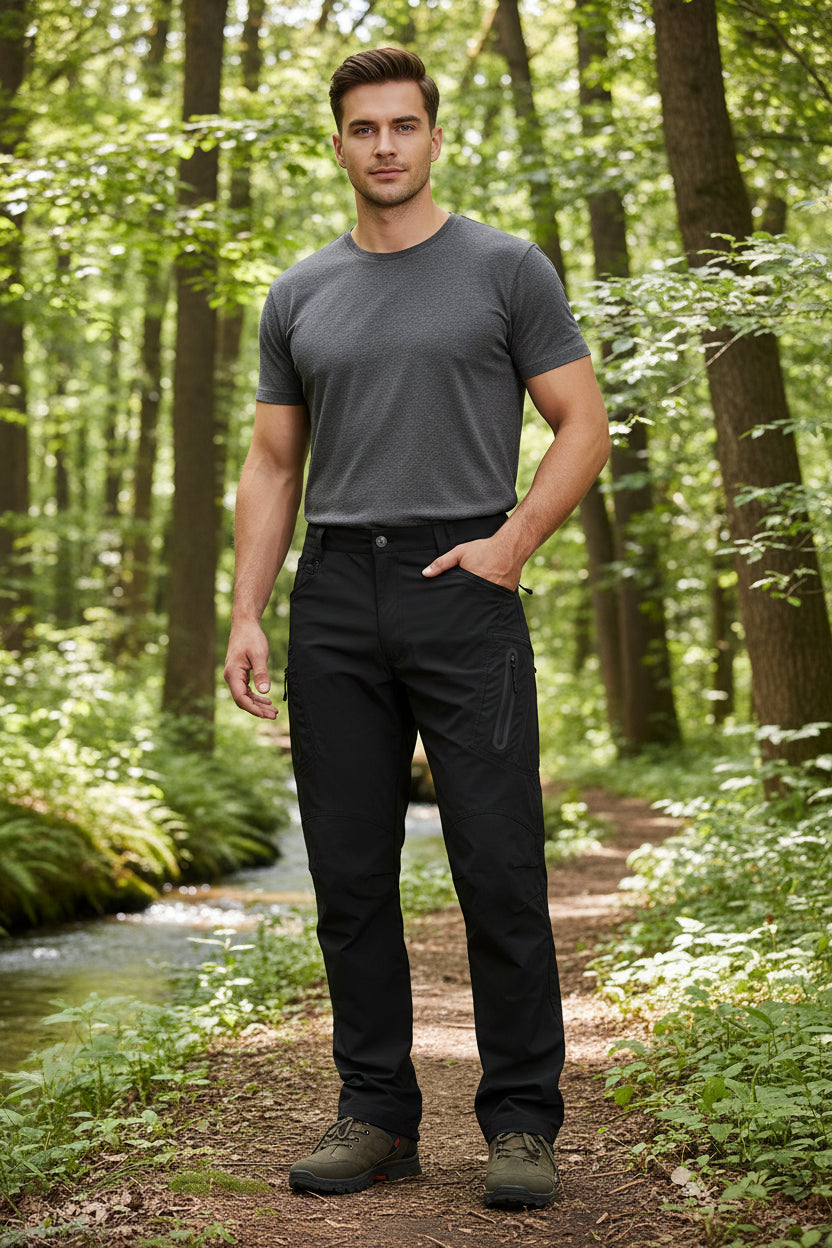 Person wearing black pants on a white background