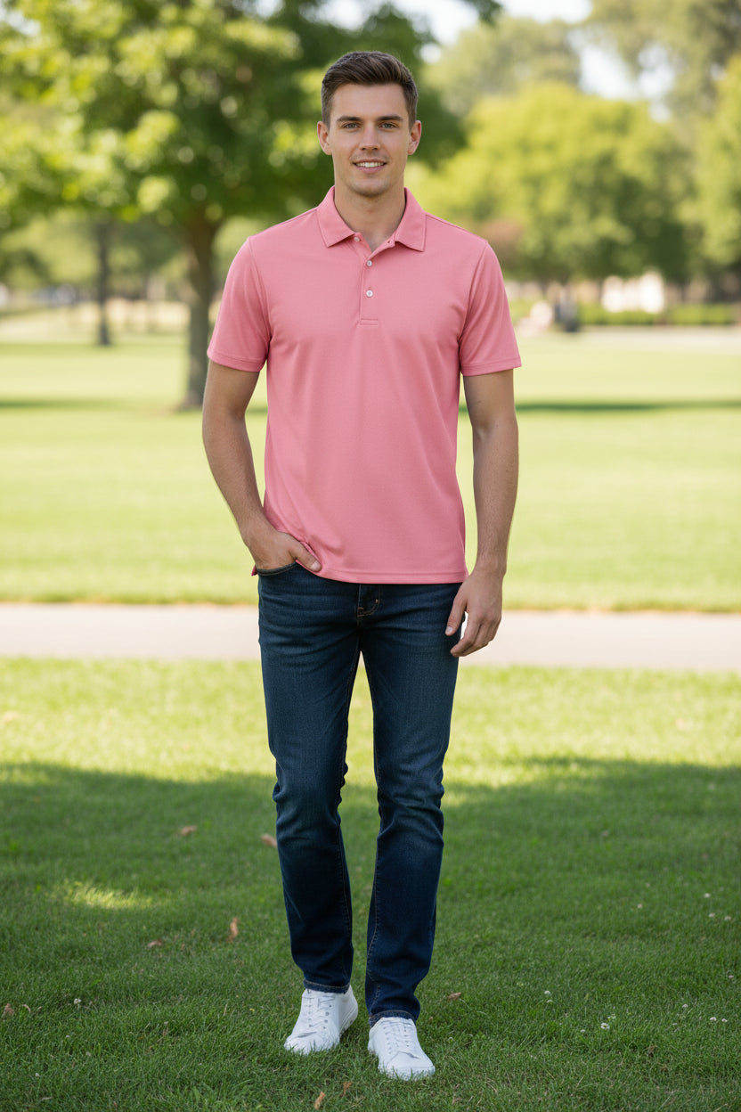 Pink polo shirt on a white background