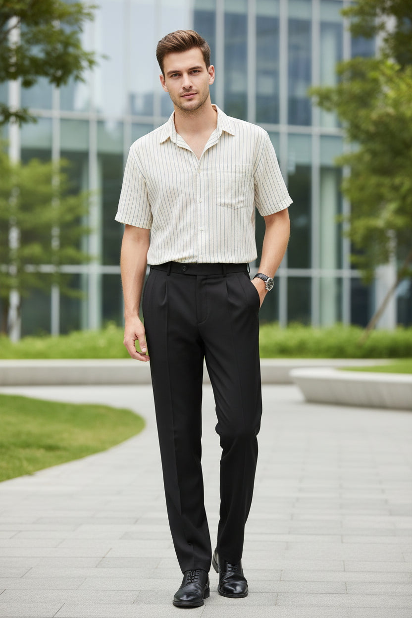 Black pants with a double pleat design on a white background