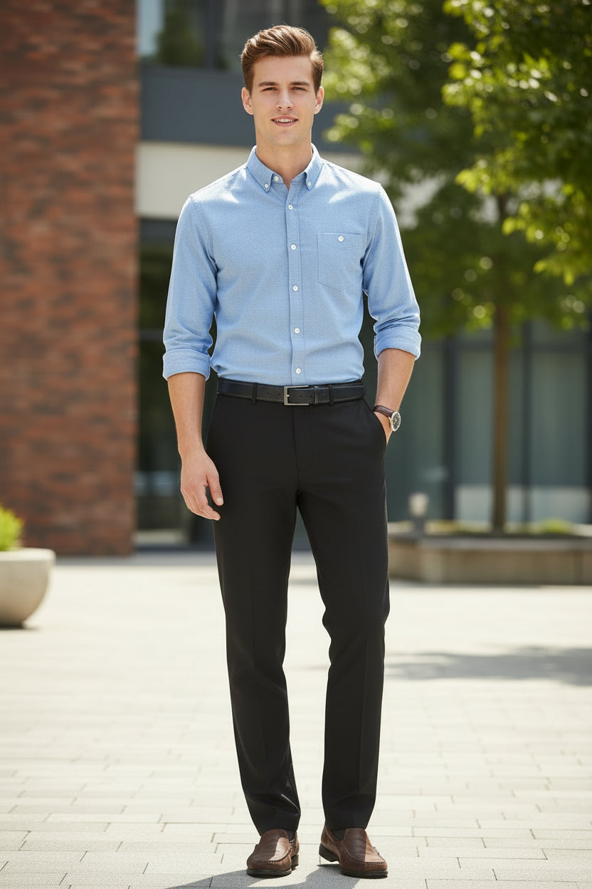 Black pants with a single pleat on a white background