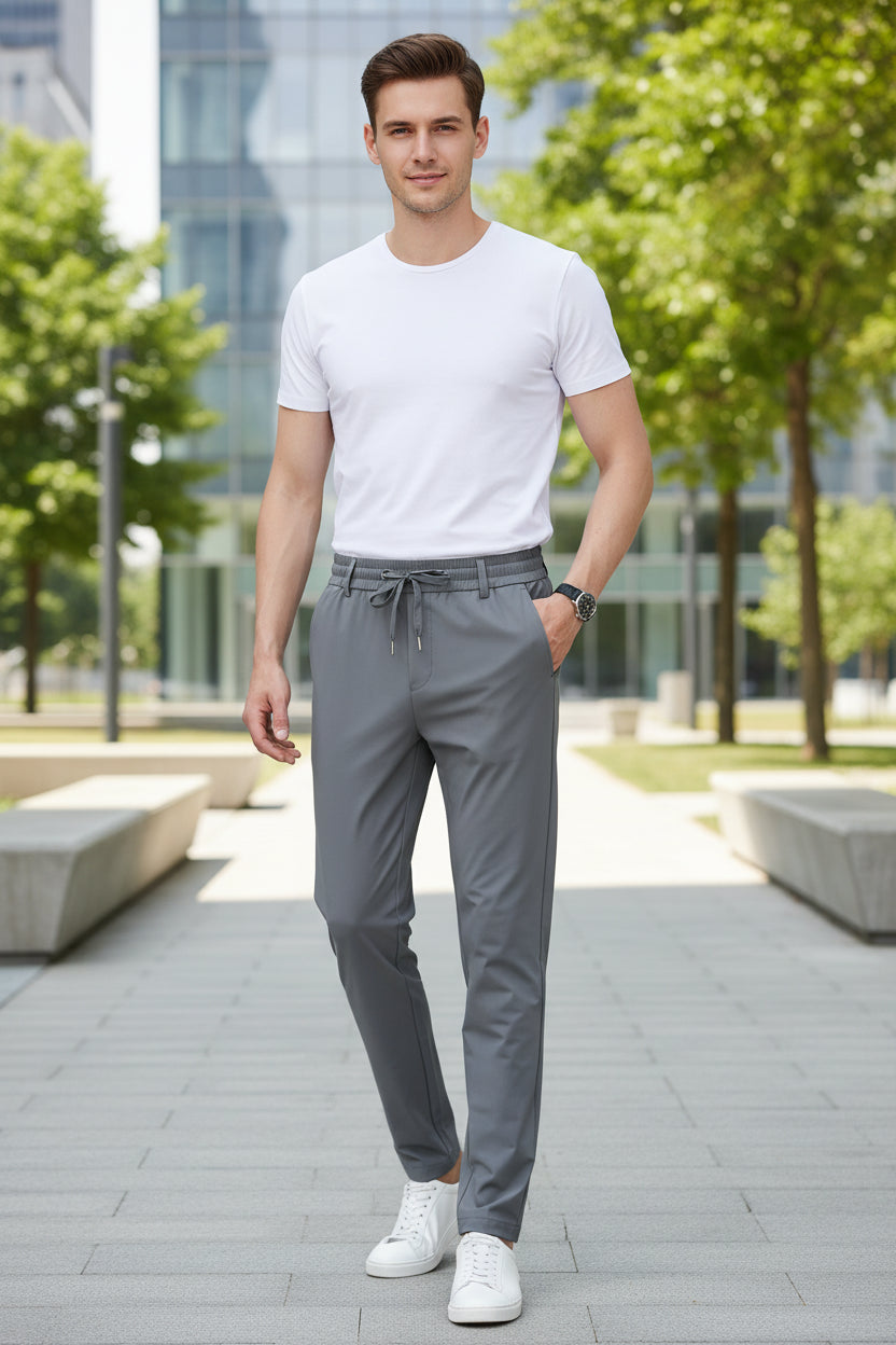 Gray pants with a drawstring on a white background
