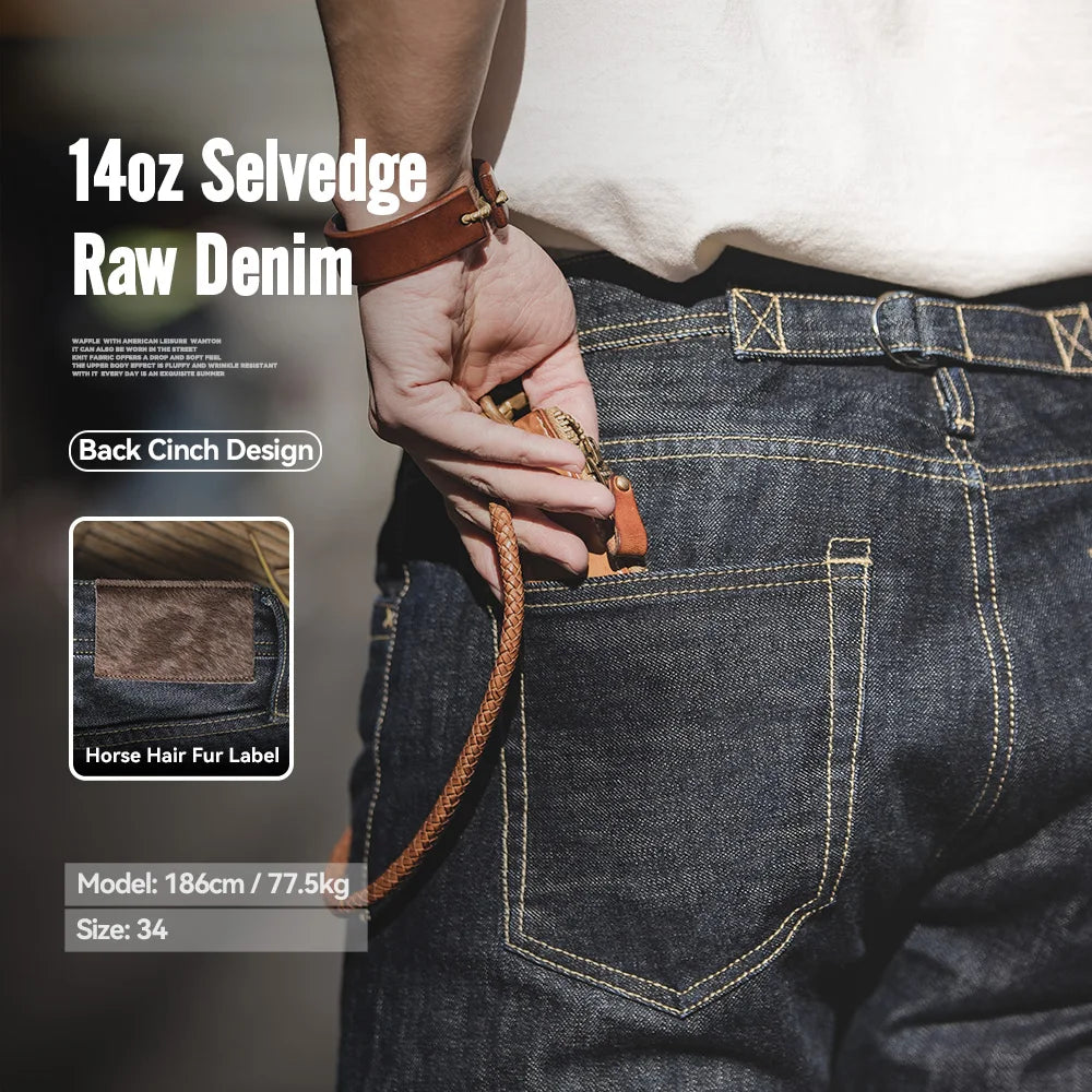 Person wearing blue jeans with text and images highlighting features like '14oz Selvedge Raw Denim' and 'Back Cinch Design'.