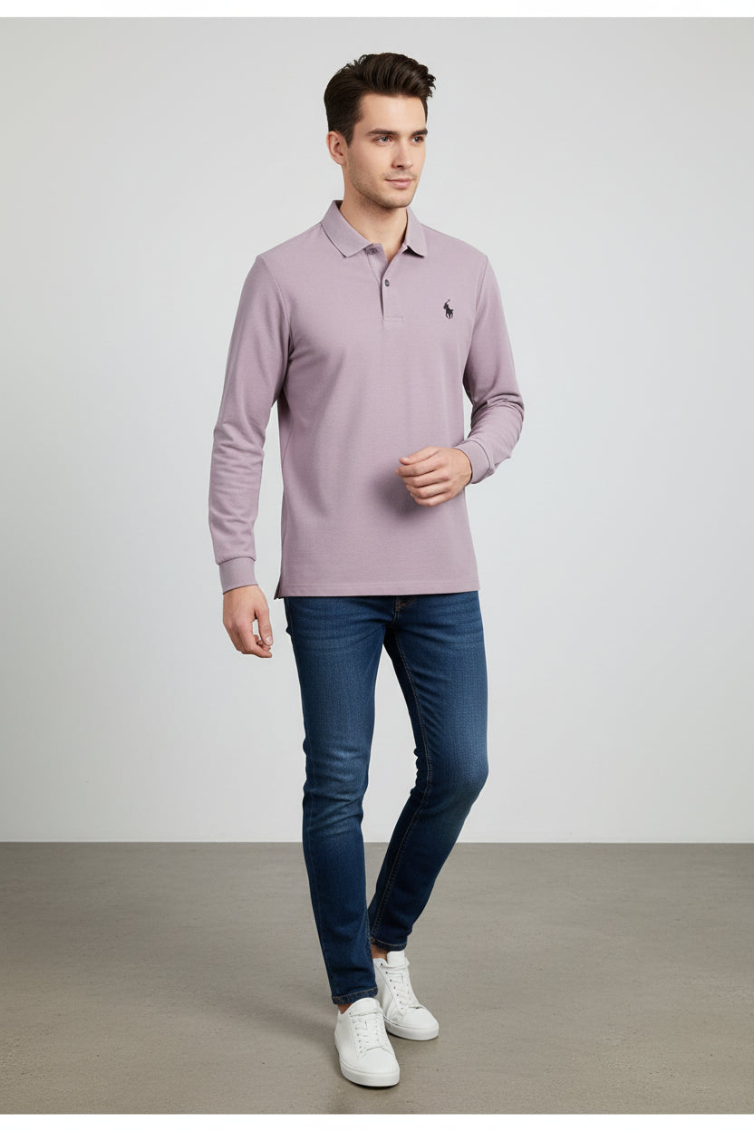 Light purple long-sleeve polo shirt with a brand logo on a rack of other shirts.