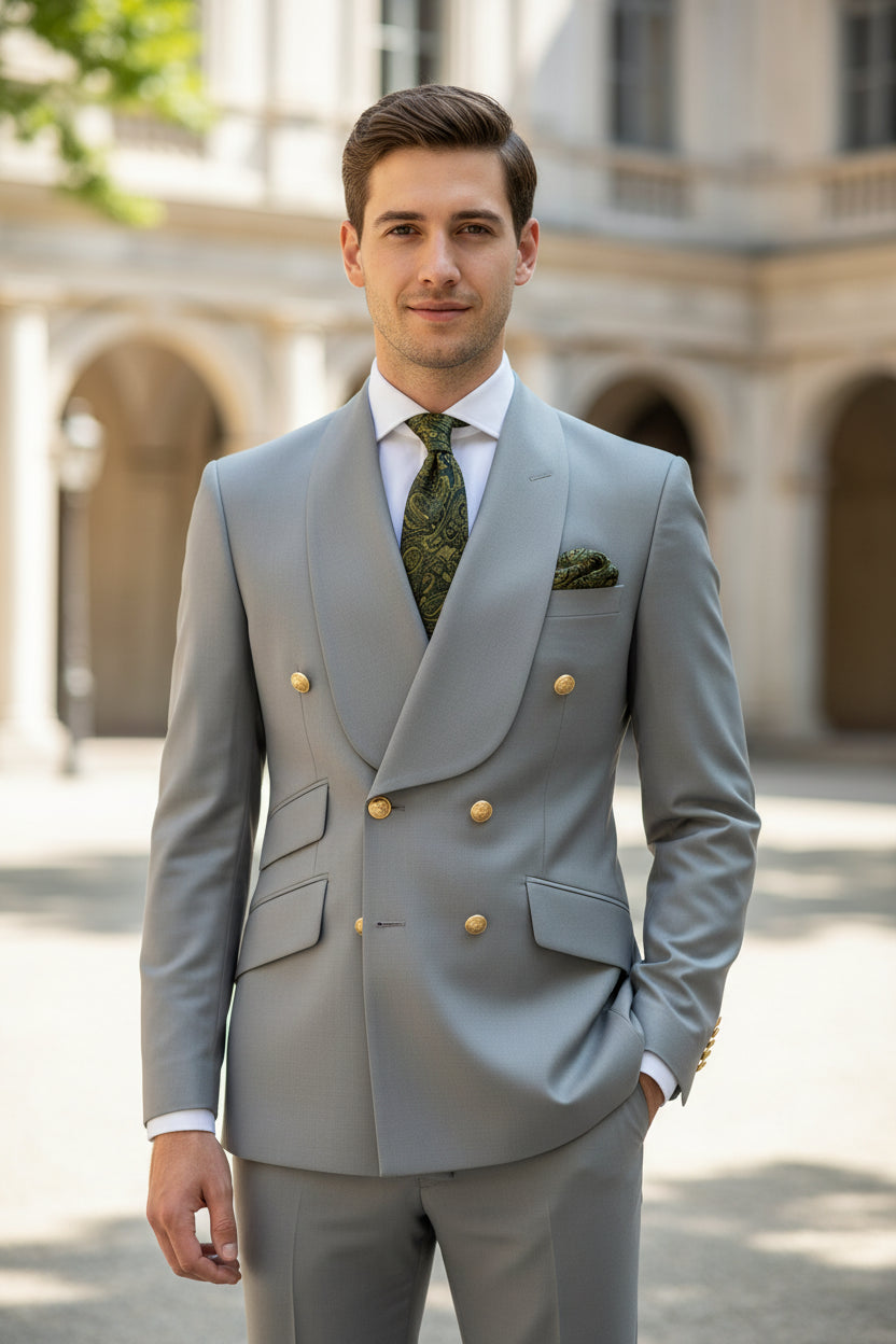 Gray suit with gold buttons on a mannequin and separate pants on a white background