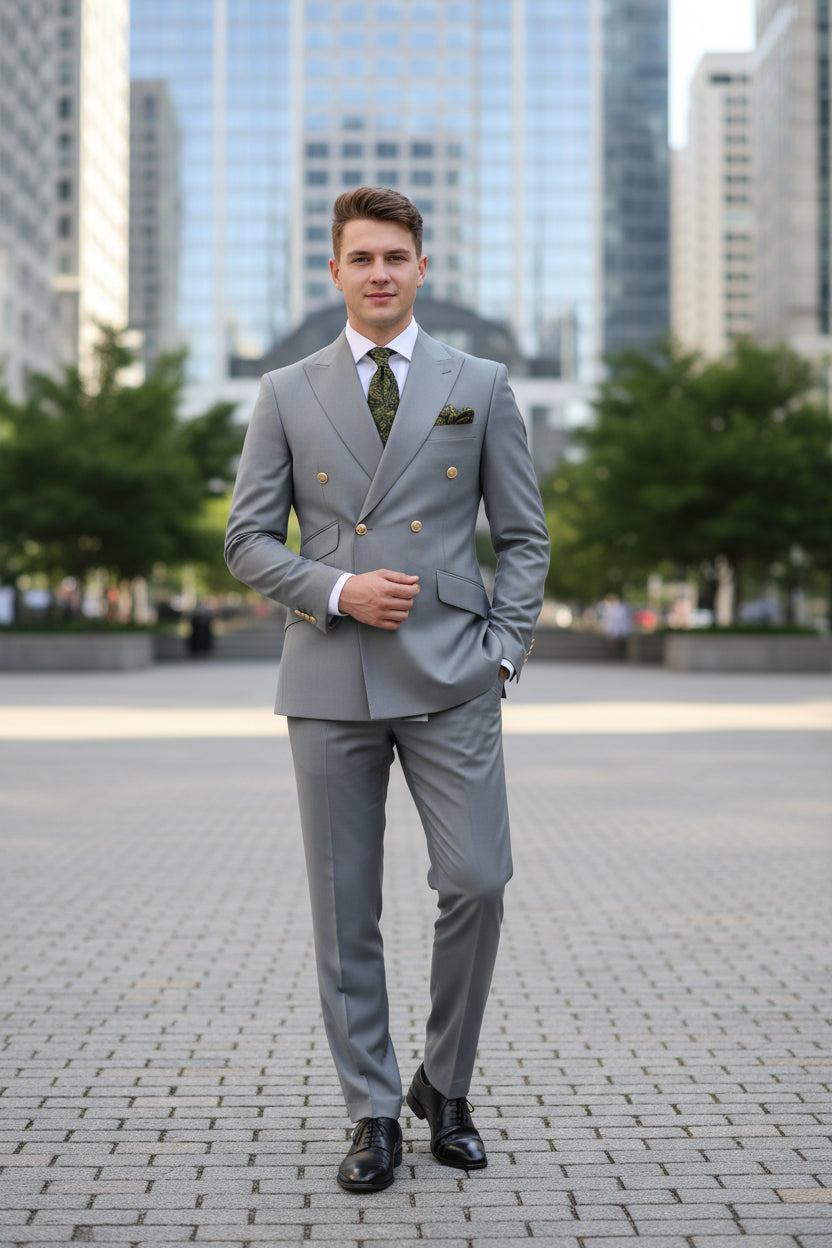 Gray suit with gold buttons on a mannequin and separate pants on a white background