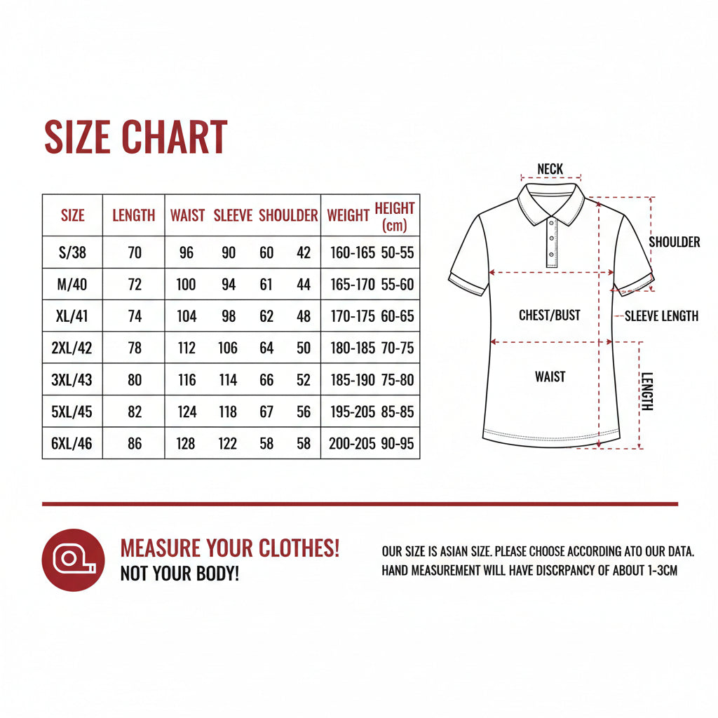 Size chart for clothing with measurement guide and tape measure illustration