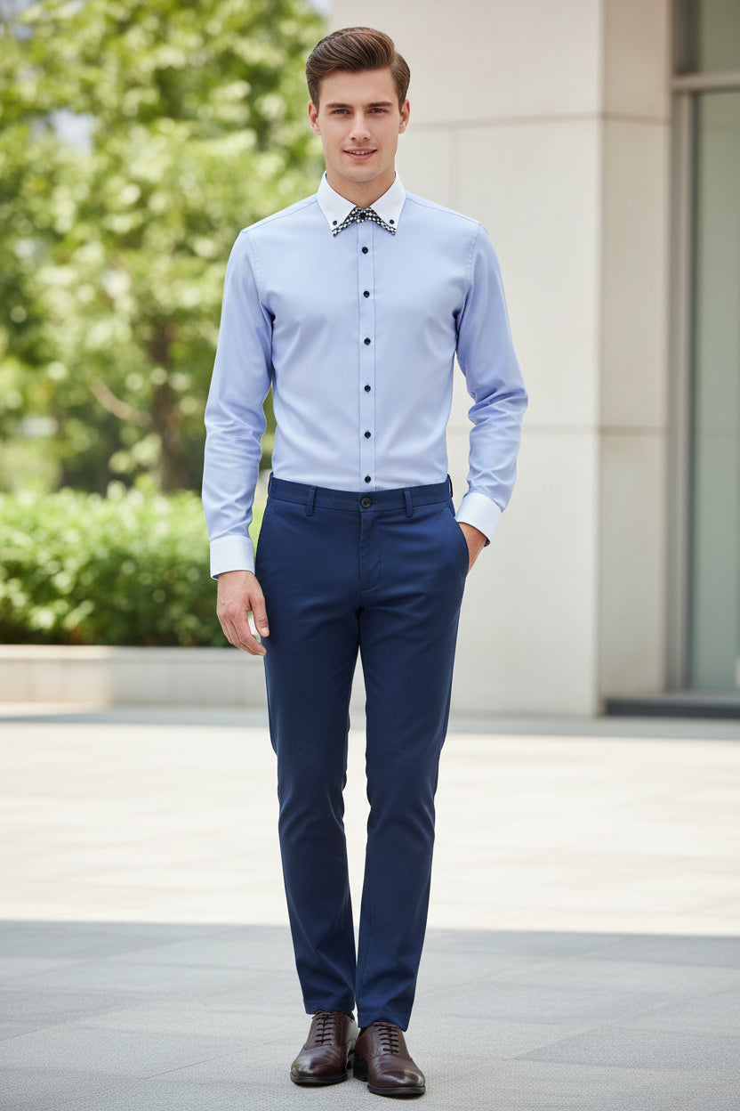 Light purple dress shirt with a checkered collar on a white background