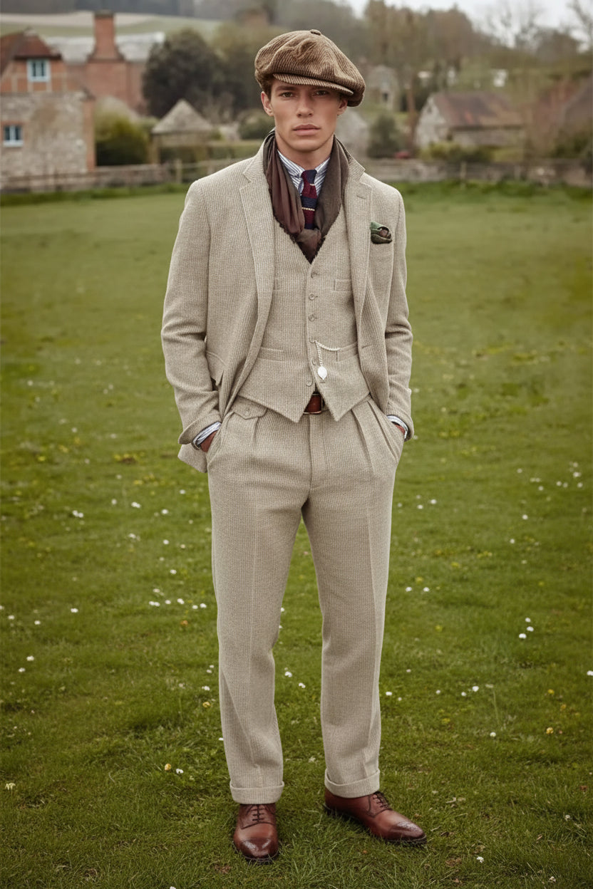 Man in a beige suit and cap standing outdoors with a village background