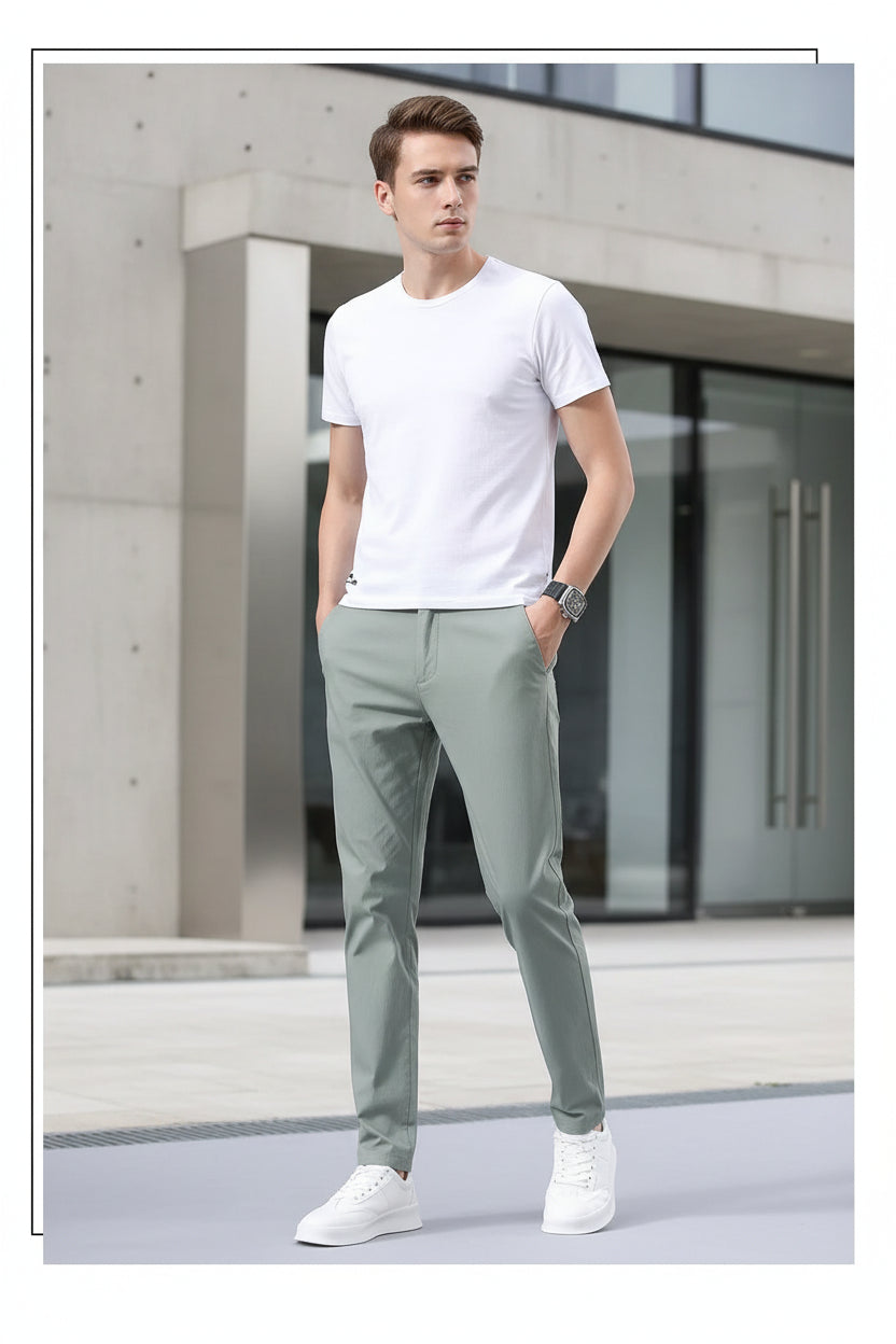 Green pants displayed from multiple angles on a gray background