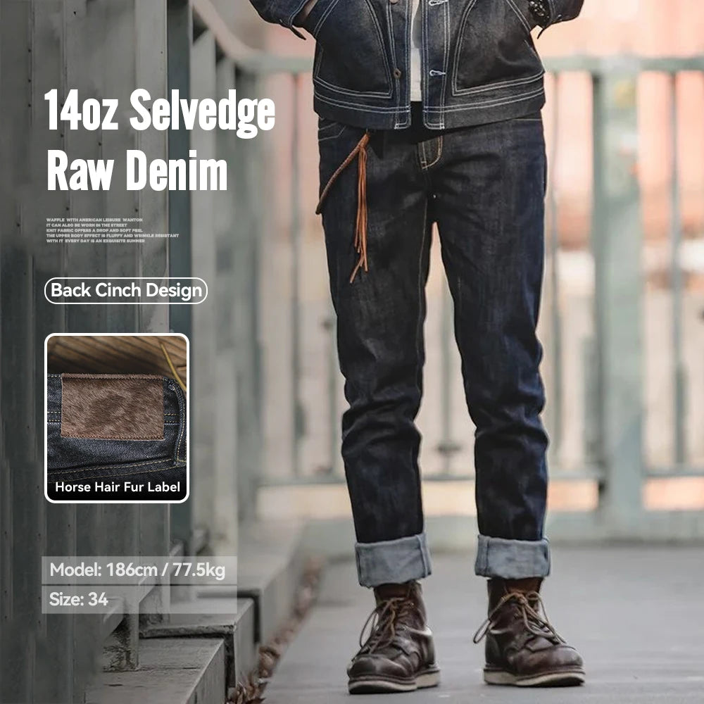 Person wearing 14oz selvedge raw denim jeans with text and inset showing back cinch design.