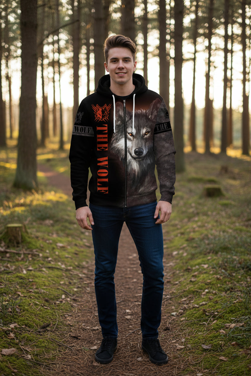 Hoodie with a wolf design and 'The Wolf' text on a white background