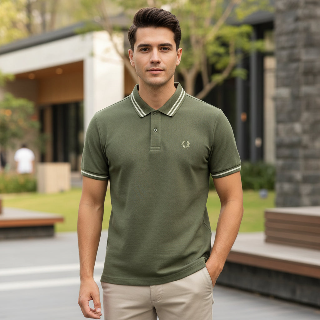 Green polo shirt with a brand logo held by a hand, on a blurred background of books and clothing.