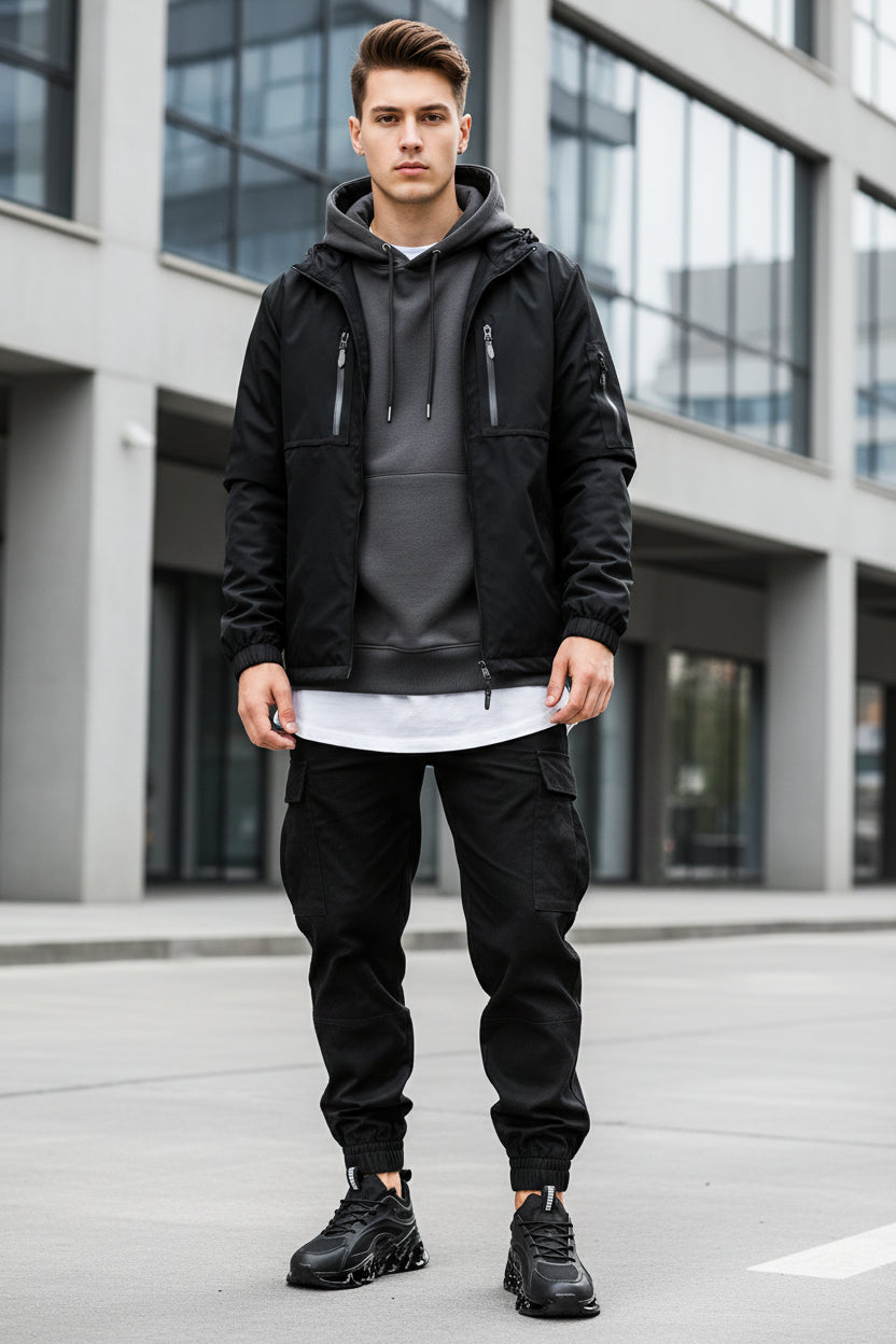 Black high-top sneakers with unique sole design held by a person against a white background