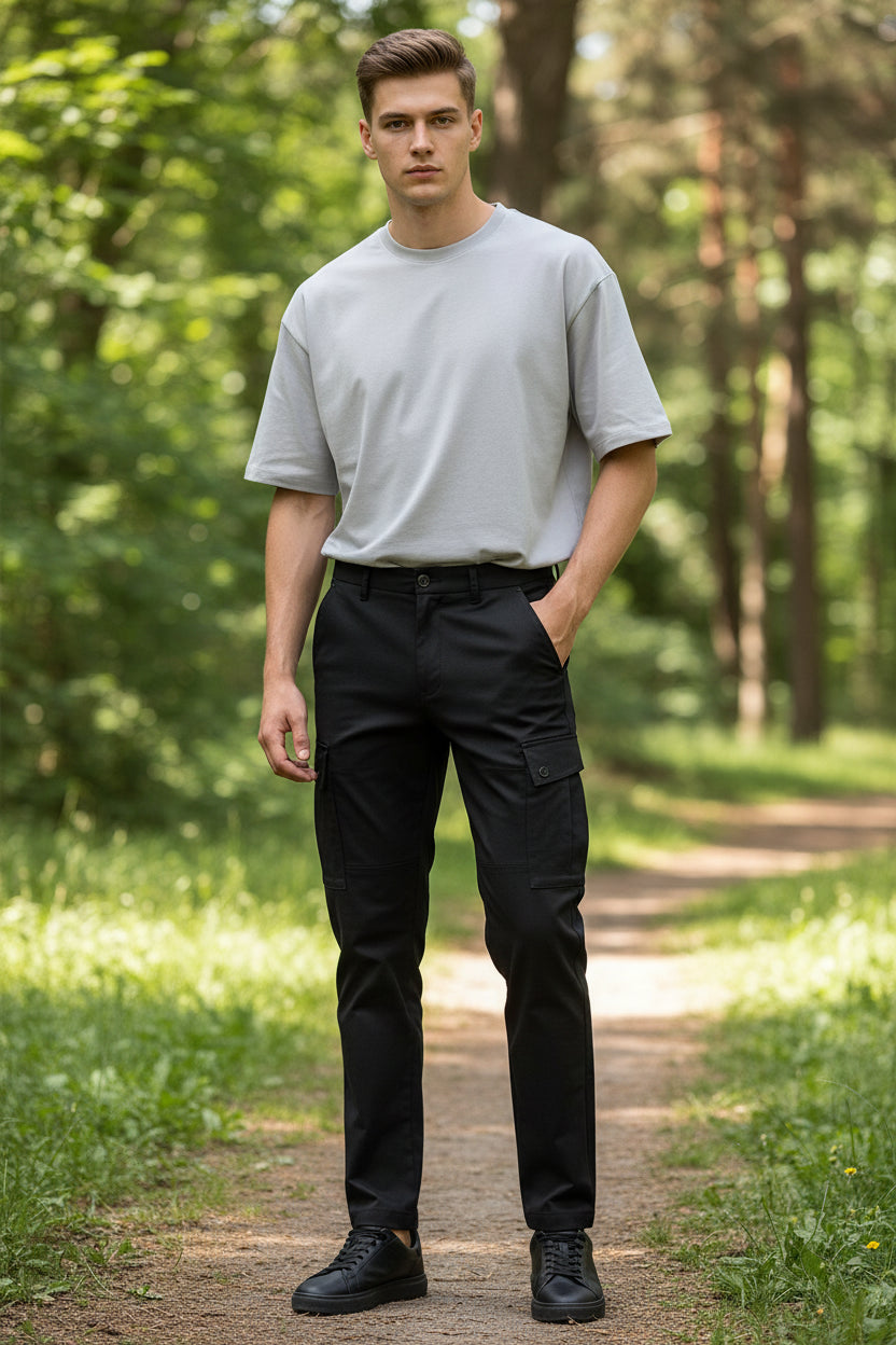 Folded black pants on a gray surface