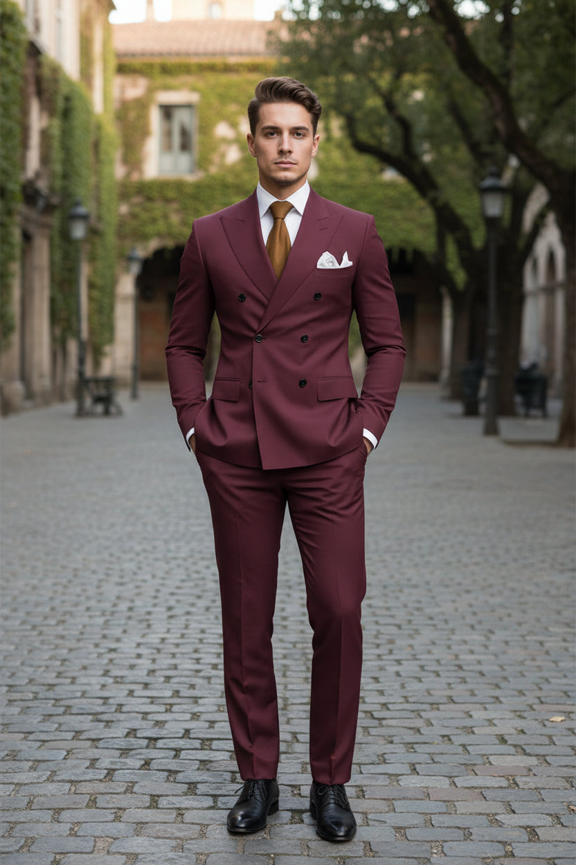 Maroon suit with a brown tie and white shirt on a white background