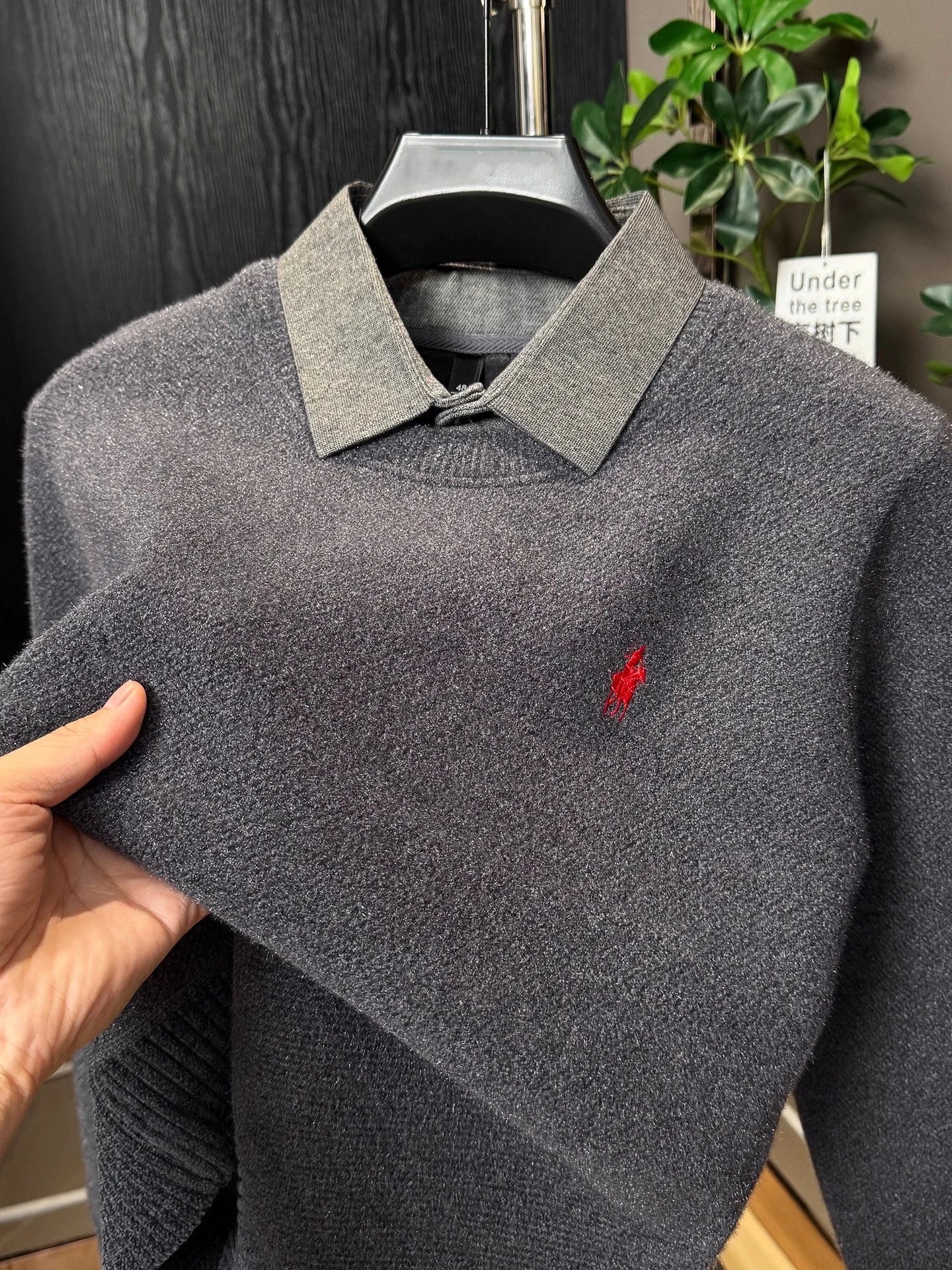 High end trendy pony embroidery men's sweater luxury brand fashion Paul winter velvet warm striped shirt collar knitted pullover