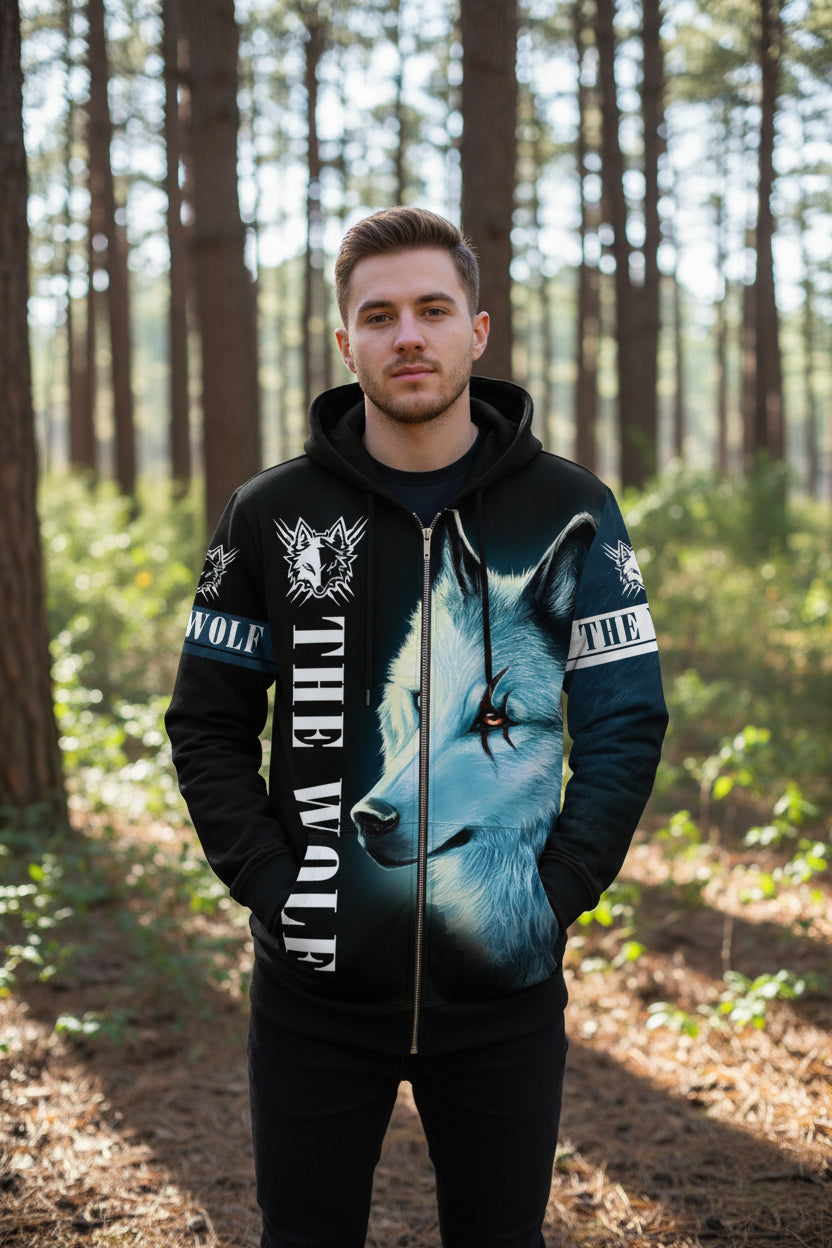Zip-up hoodie with wolf design and 'The Wolf' branding on a white background
