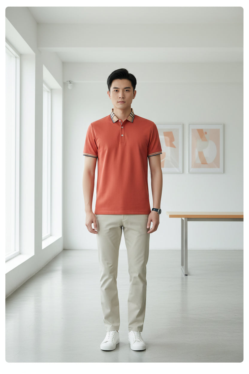 Orange polo shirt with a patterned collar on a dark background