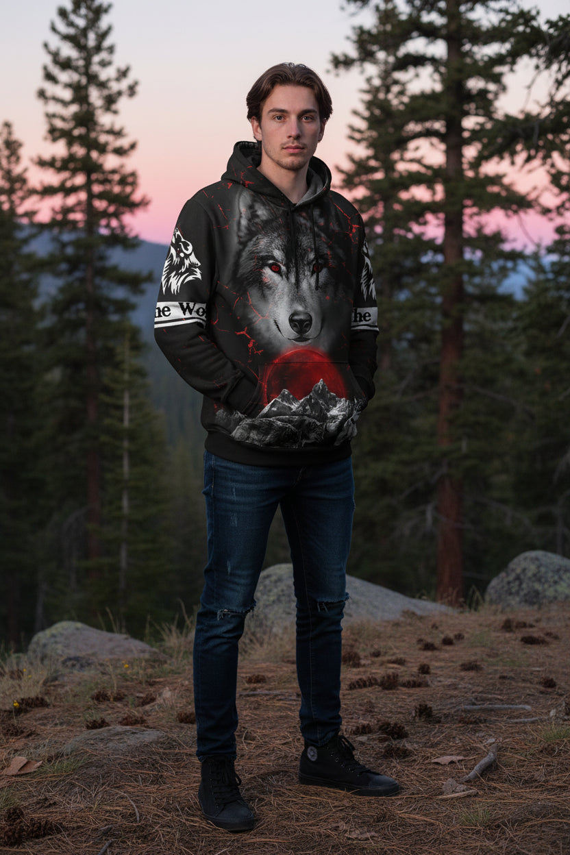 Hoodie with wolf design on a black background