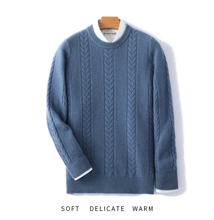 100% Merino Wool Sweater Men's Round Neck Thickened Tops Autumn Winter New Soft Warm Casual Solid Color Knitted Pullover