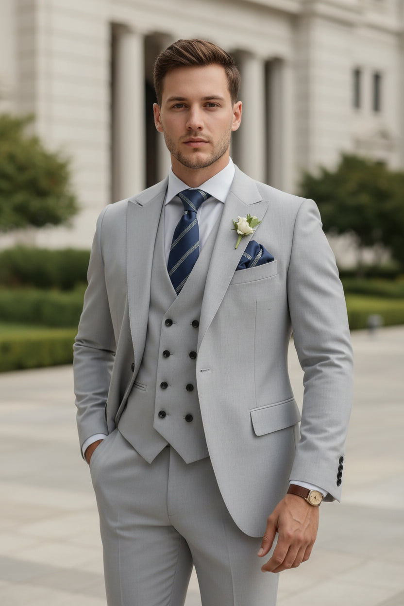 Gray suit with striped tie and pocket square on a white background