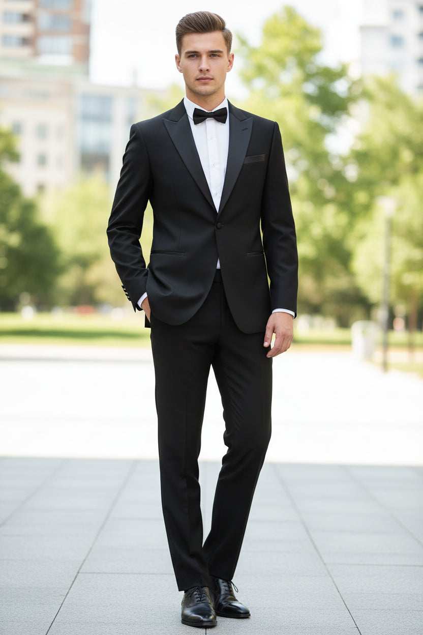 Black suit jacket with labeled features on a white background