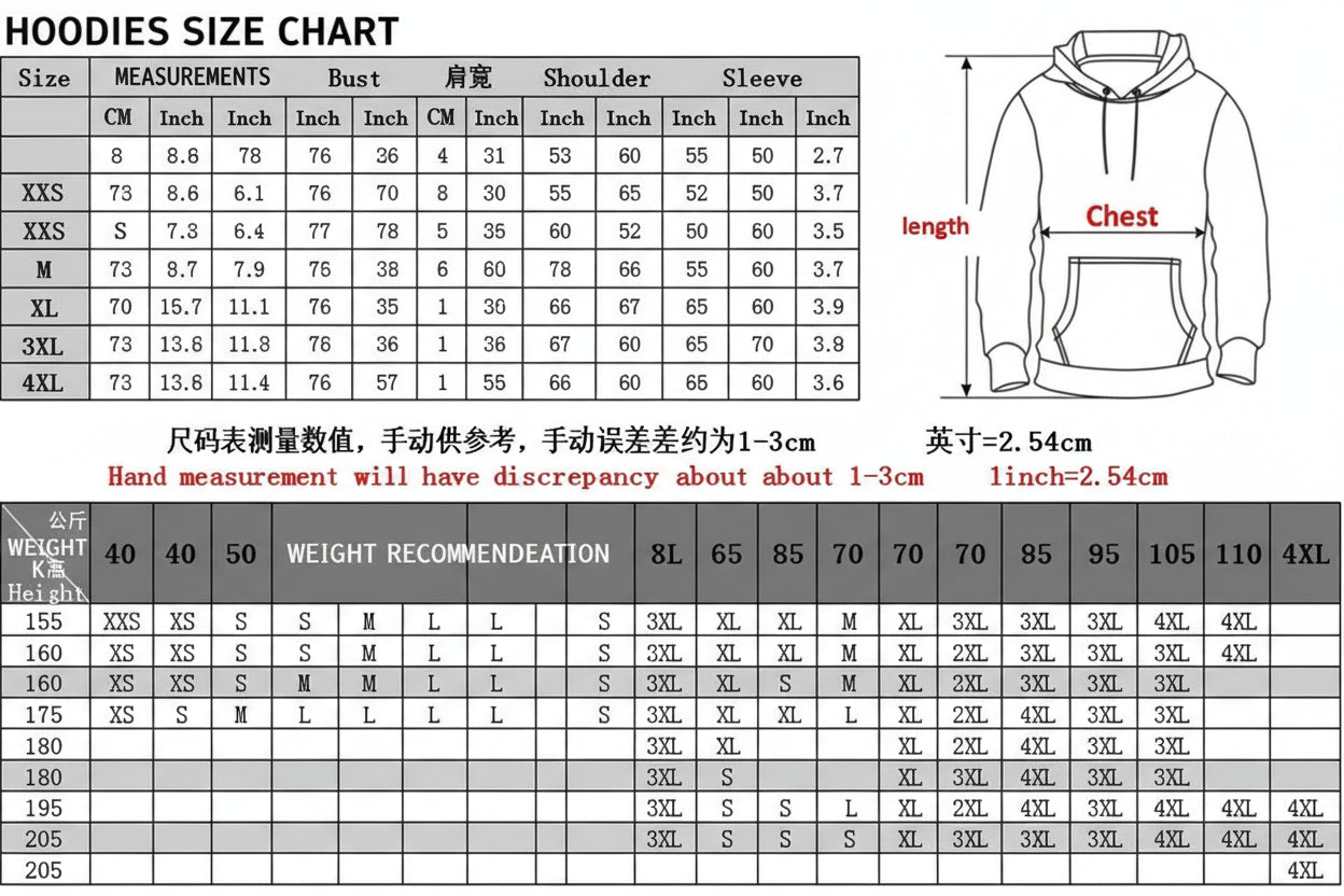Hoodie size chart with measurements and fabric information