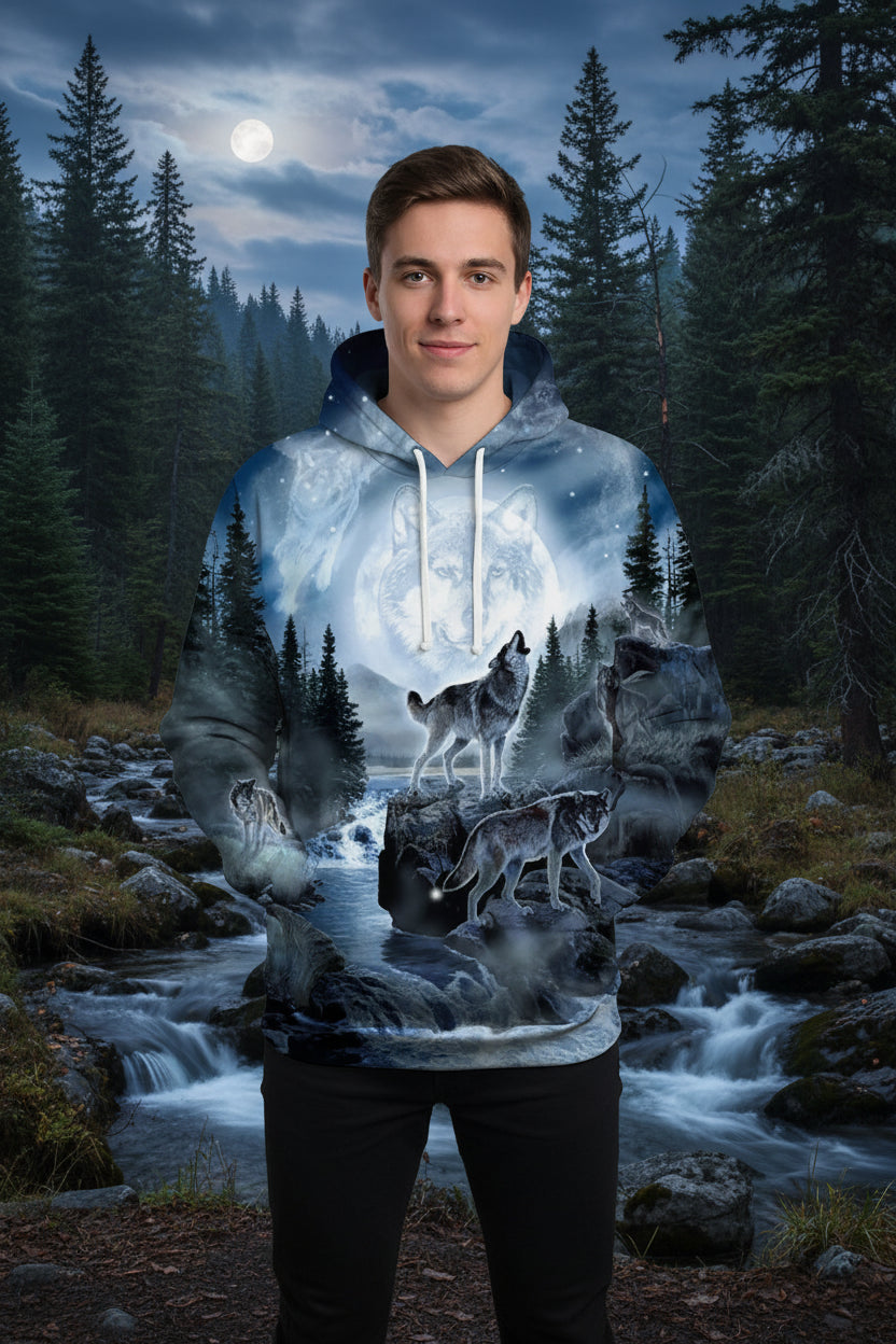 Hoodie with wolf design in a forest and moonlit sky
