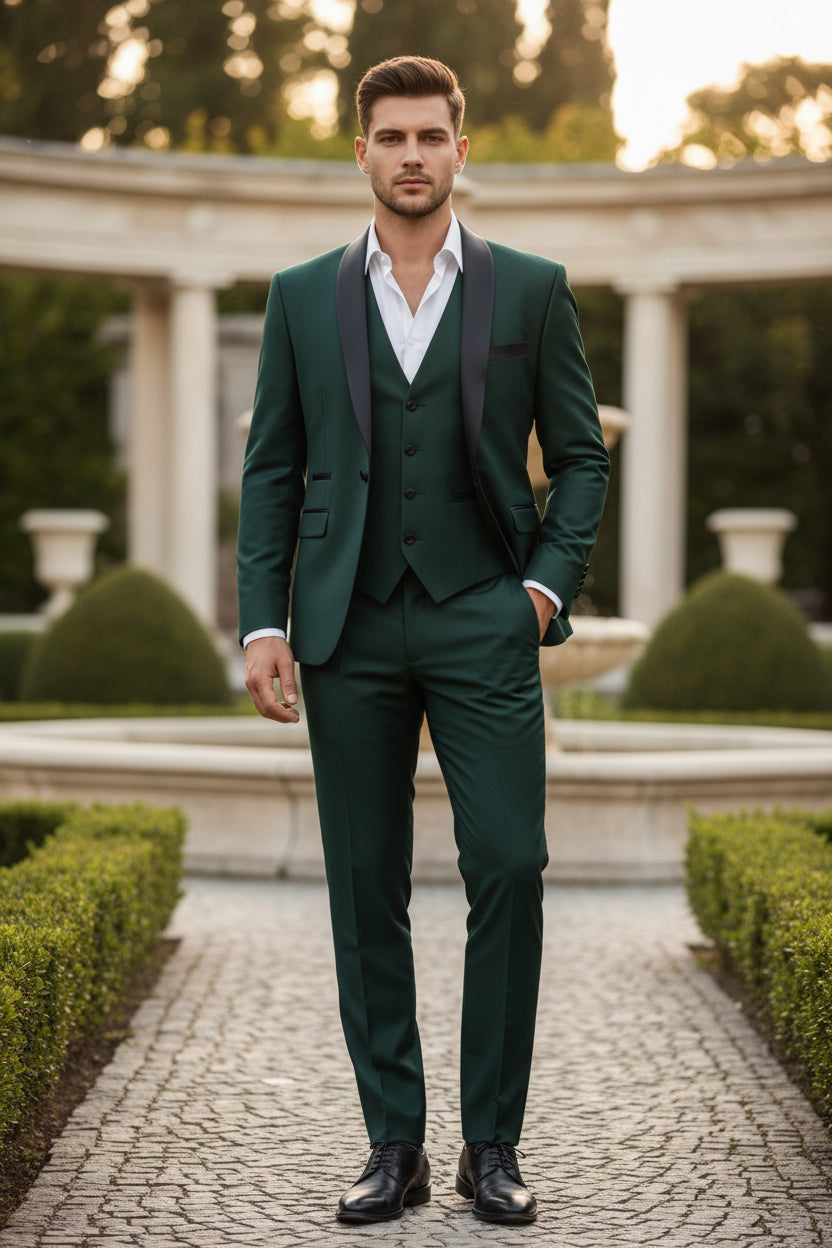 Man wearing a dark green suit with a white shirt against a neutral background
