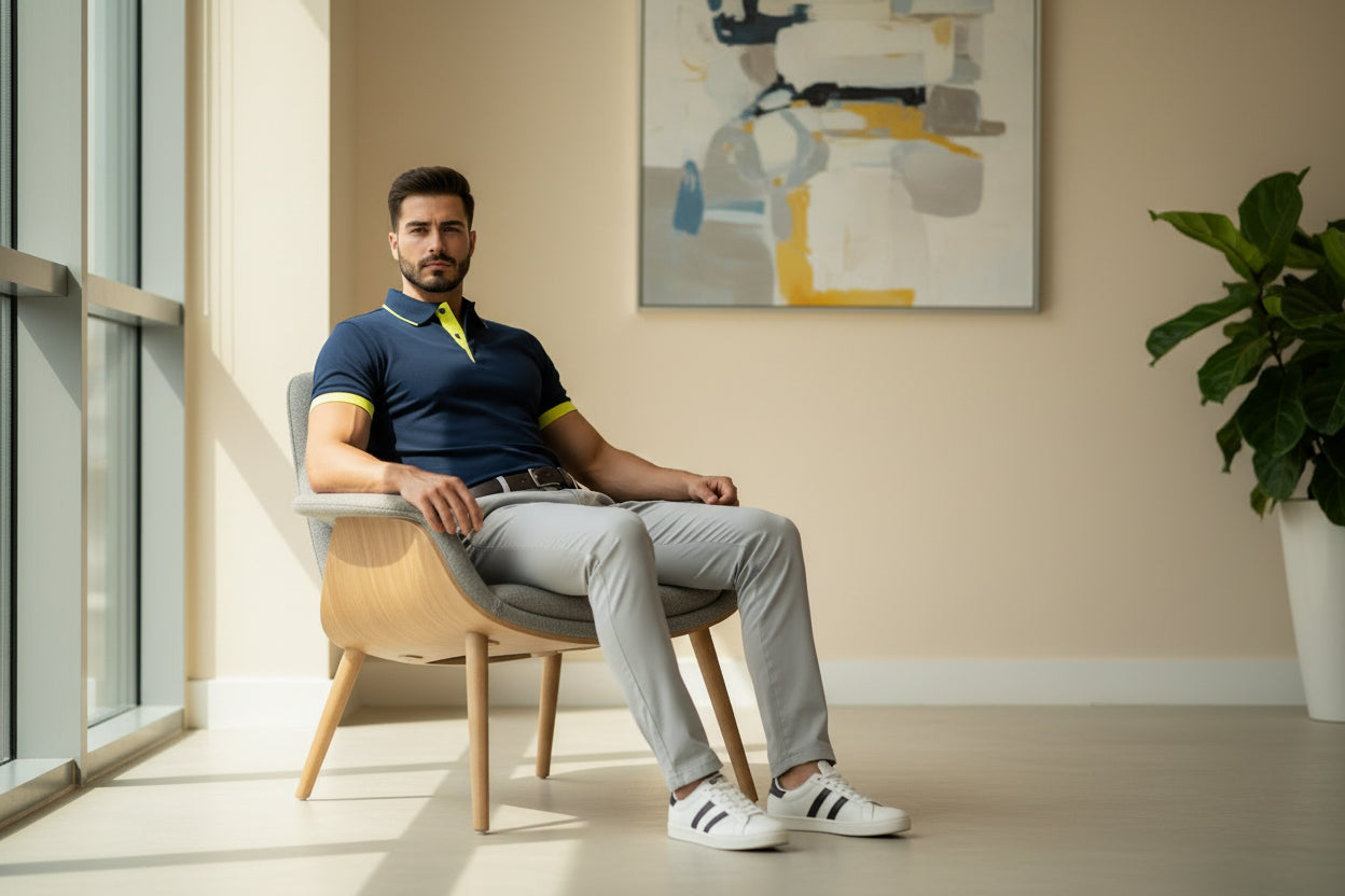 Man wearing a navy blue polo shirt with yellow accents on a white background
