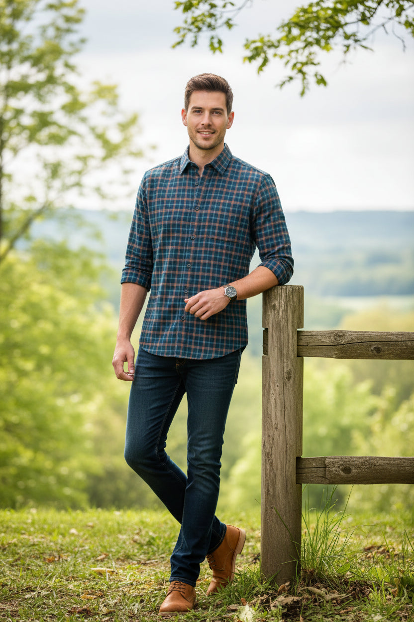 Plaid shirt on a hanger with a hand pointing at it against a neutral background