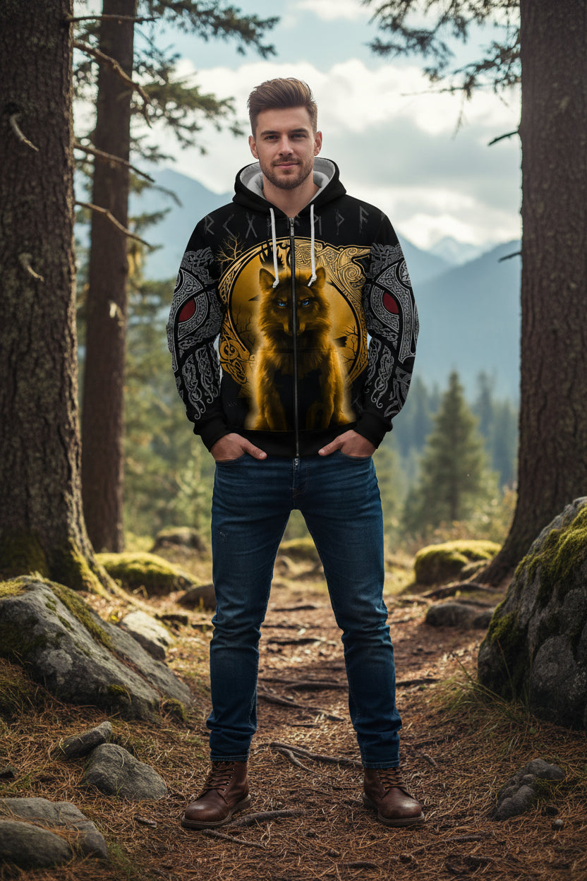 Hoodie with a wolf design and Runes on a black background