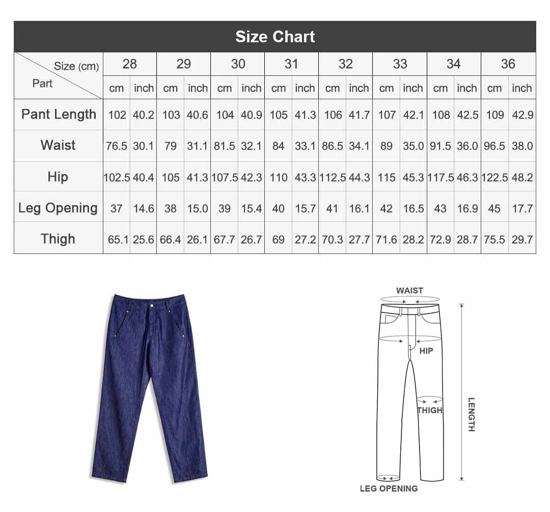 Size chart for pants with a blue pants illustration and measurements.
