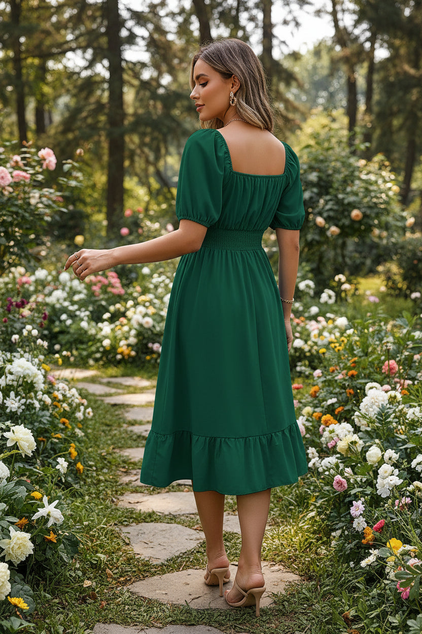 Green dress worn by a person in a room with a plant and striped blanket.