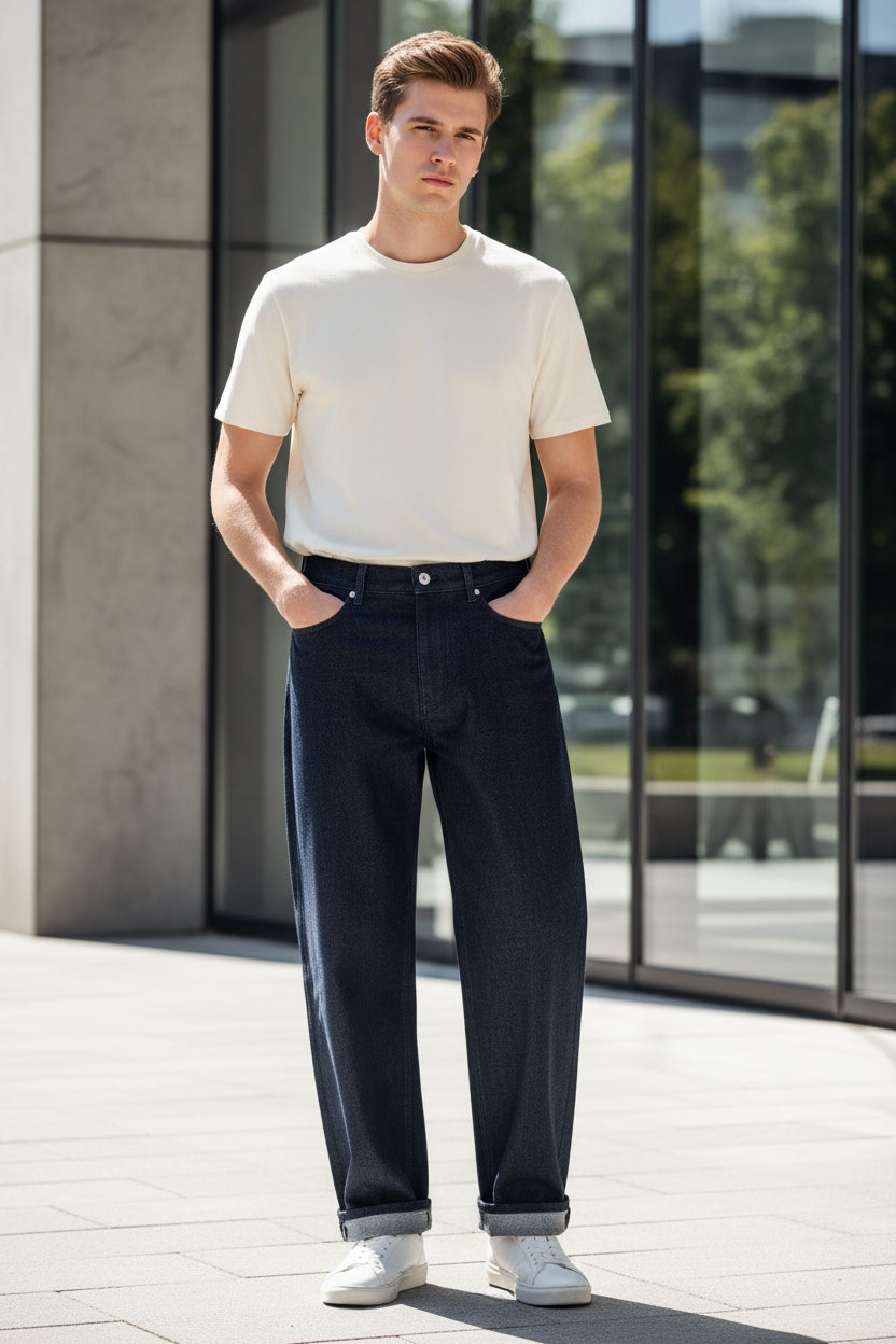 Dark blue jeans hanging on a wooden hanger with a blurred indoor background