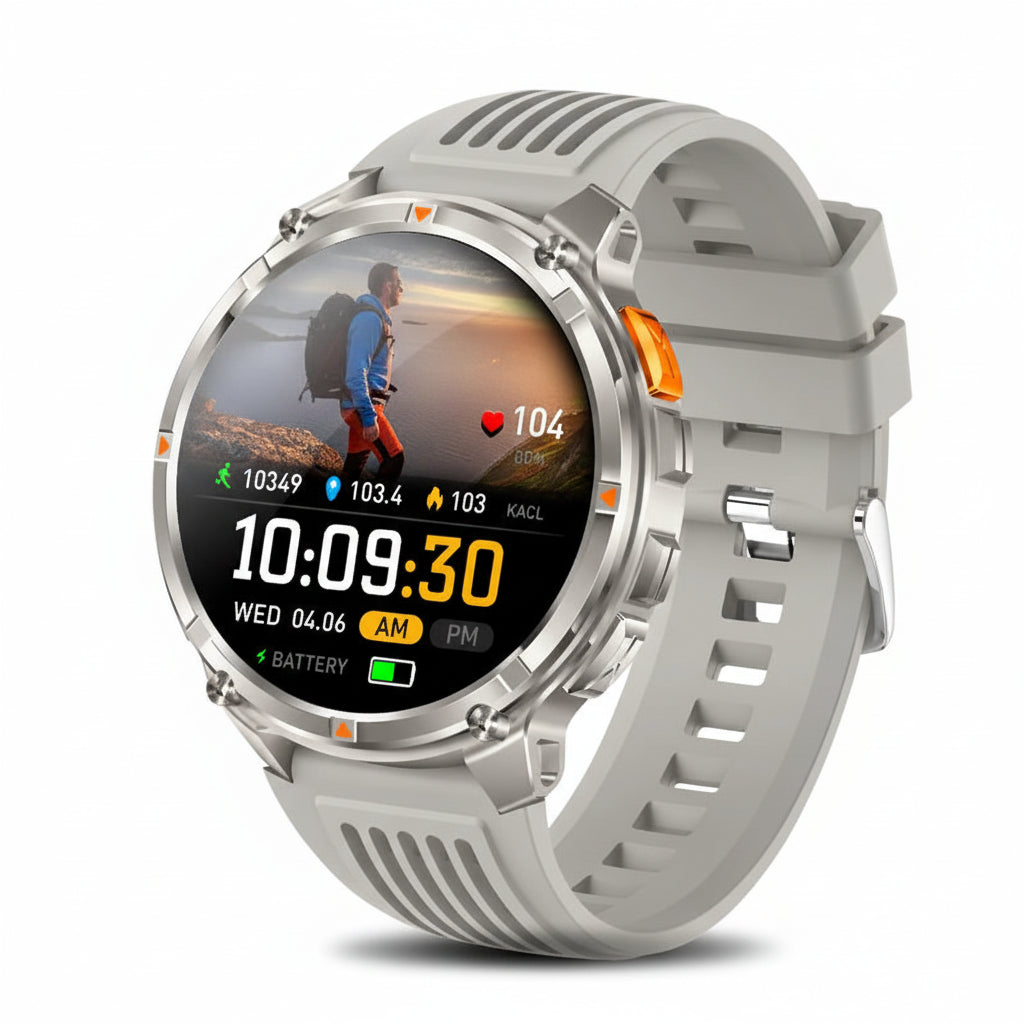 Smartwatch with features listed on a gray background