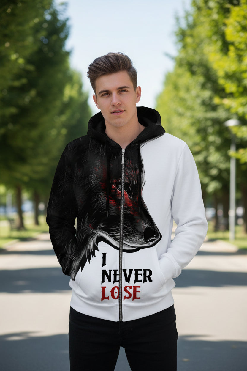 Hoodie with wolf design and 'I Never Lose' text on a white background