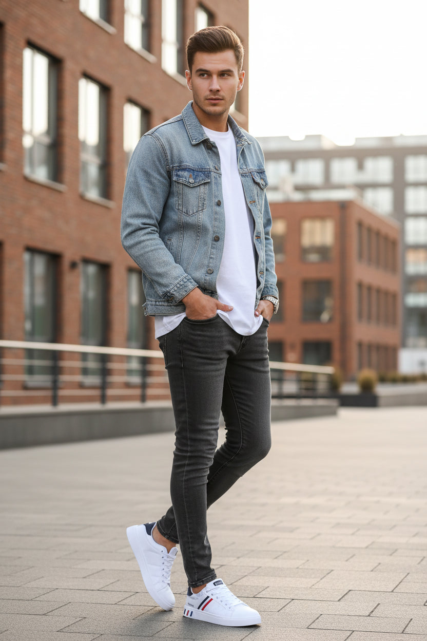White sneakers with red and blue accents on a stone surface