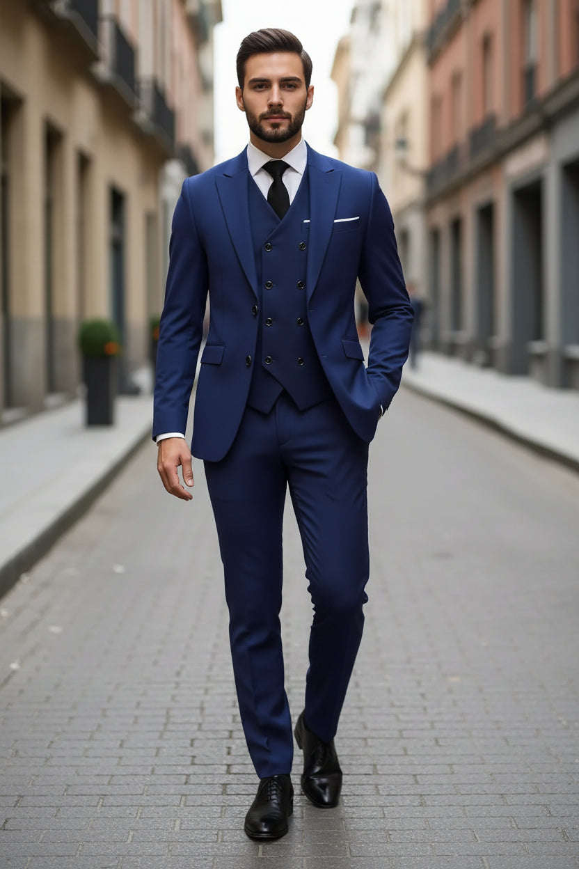 Man wearing a blue suit with a white shirt and black tie on a city street.
