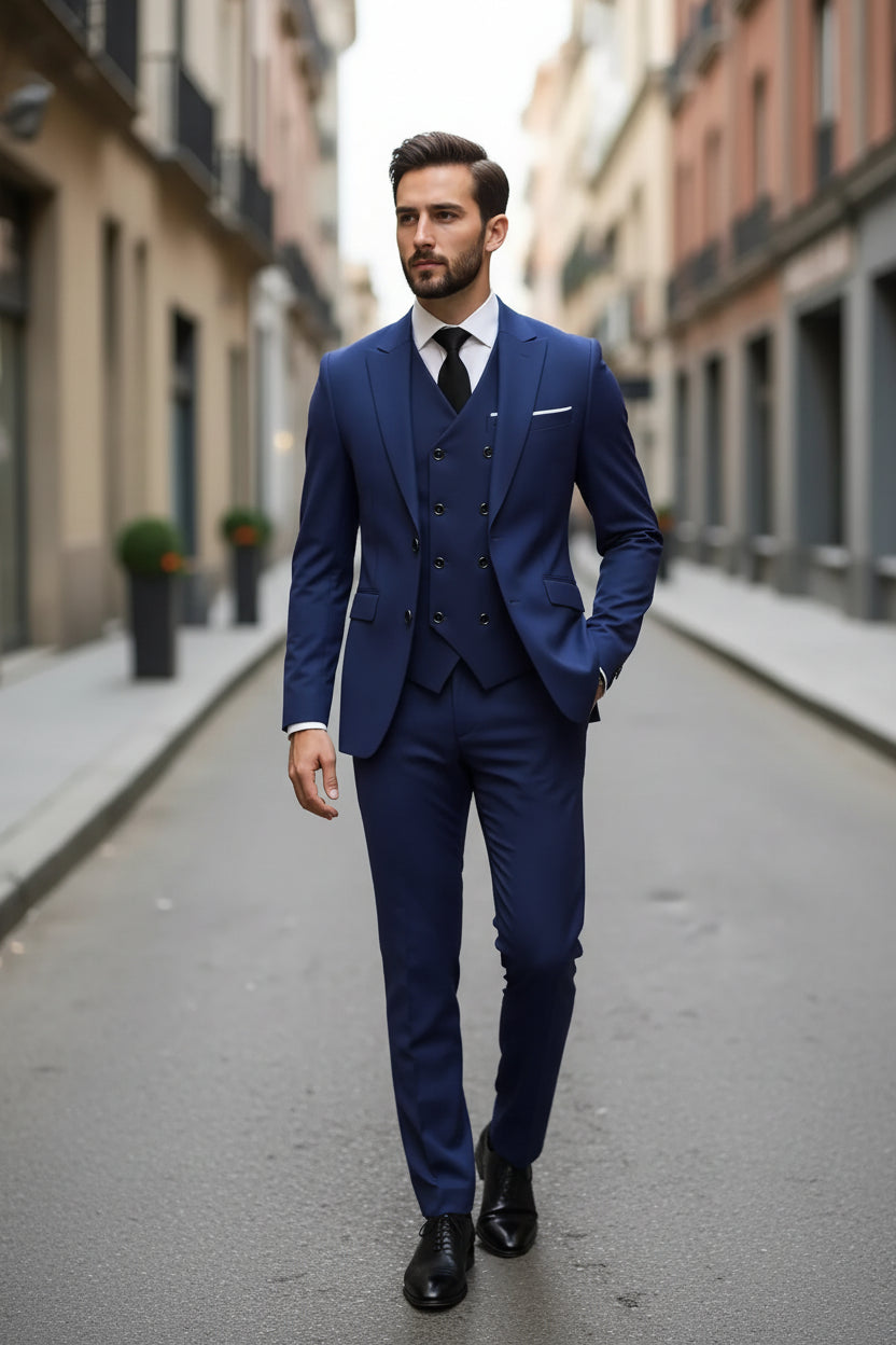 Man wearing a blue suit with a white shirt and black tie on a city street.