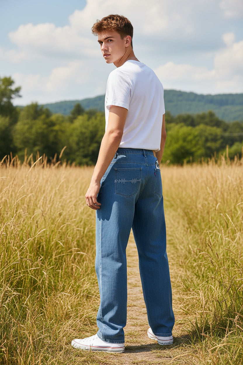 Blue jeans with a brand label on a beige surface